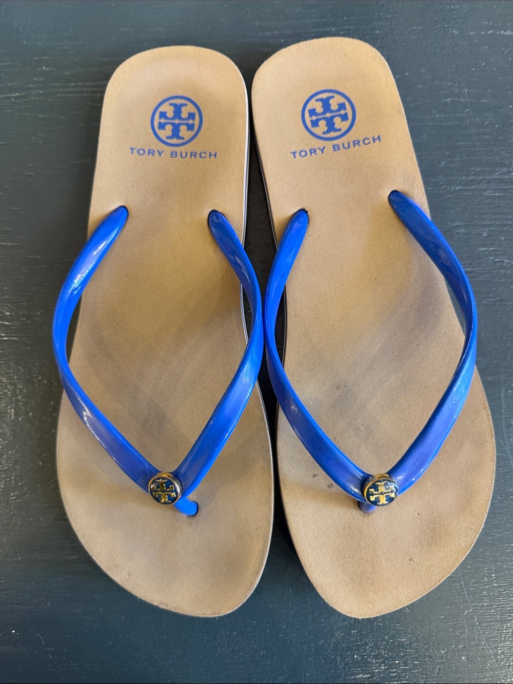 Tory Burch Glossy Royal Blue Beige/Grey Thong Sandals